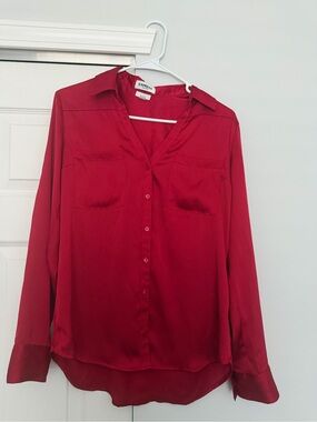 Express Silk-Look Red Button-Front Shirt